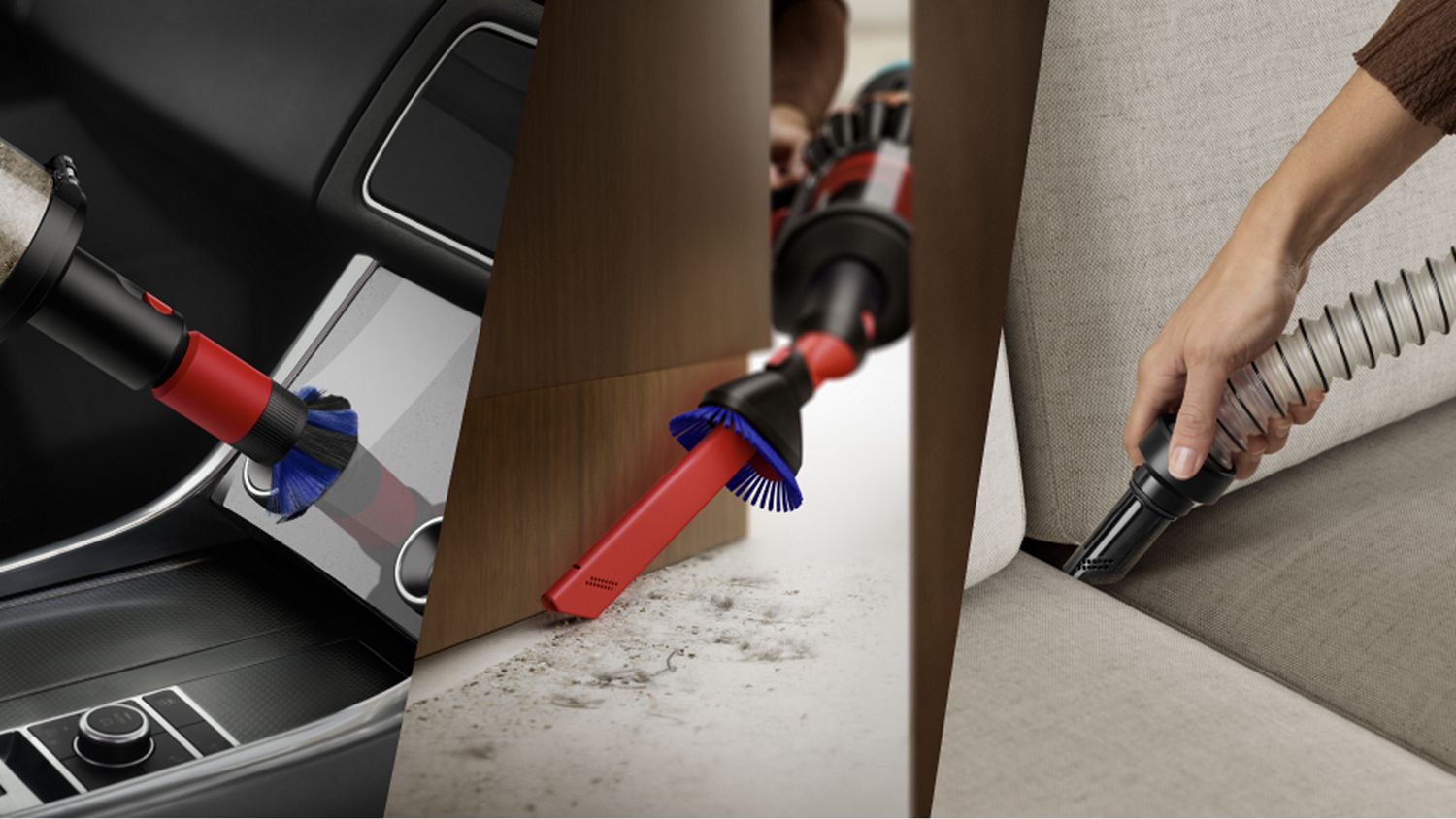 The detail cleaning kit attachments cleaning in difficult spaces such as car ports, behind a cabinet and in between sofa cushions.